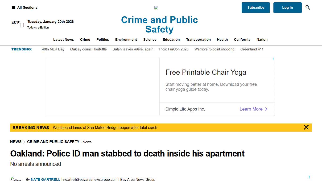 Oakland: Police ID man stabbed to death inside apartment